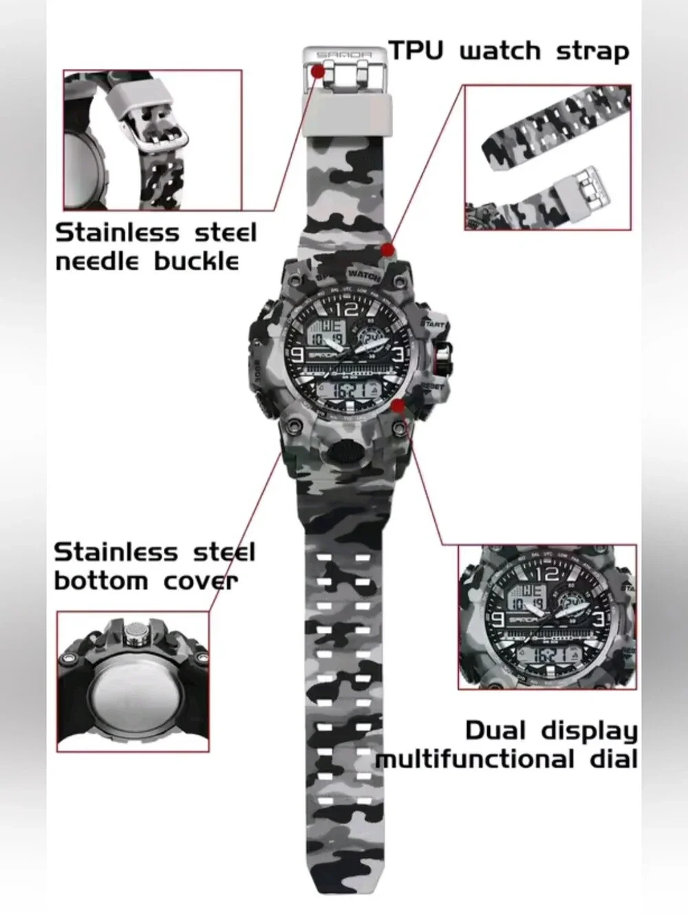 Men's Digital Camouflage Military Style Sports Watch. Waterproof 50M, Resin Case